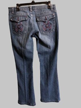 SO Stretch Y2K Embroidered Flap Pocket Flare Jeans Size 11 Hip Huggers Low Rise